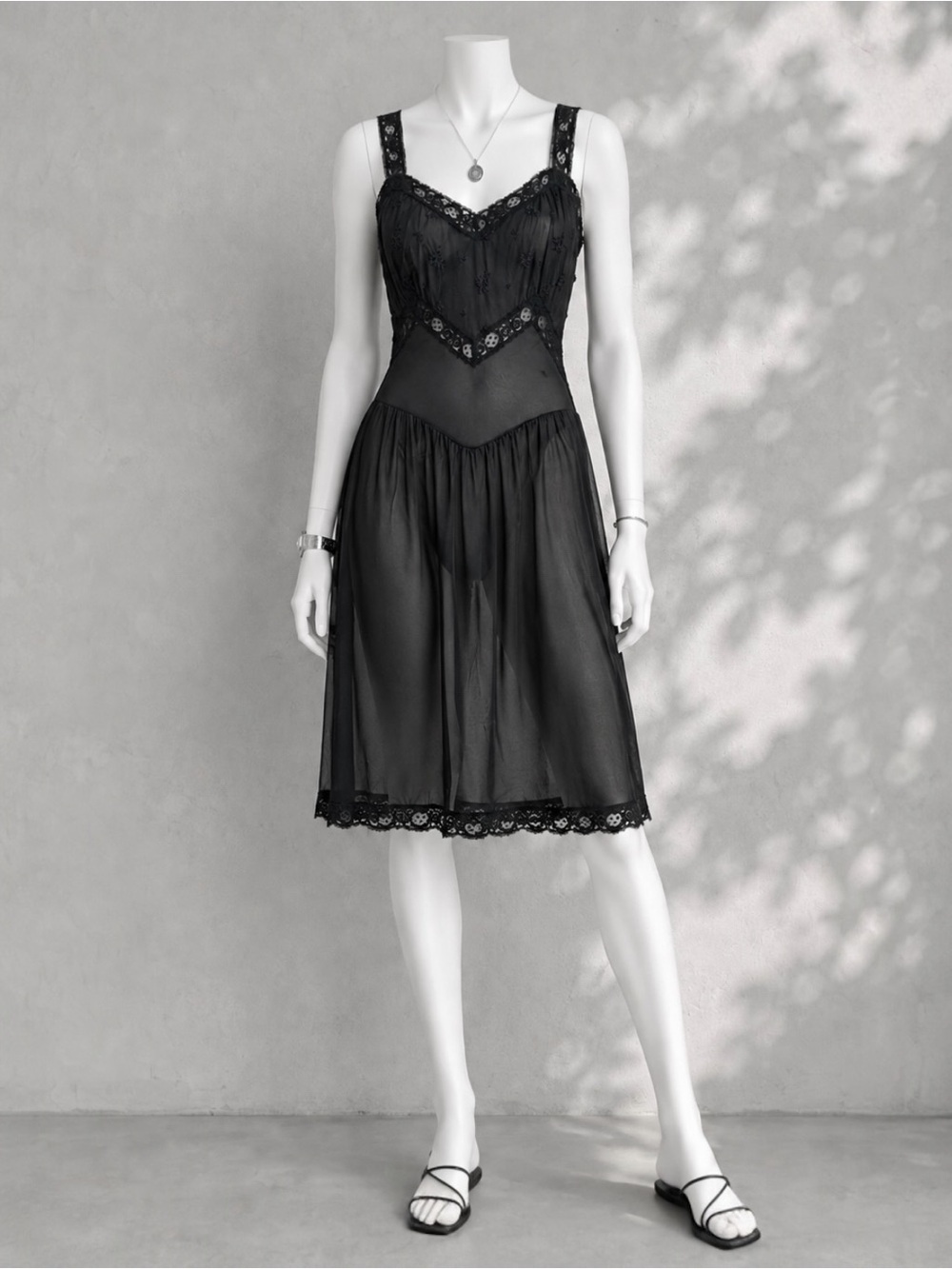 Vintage 60s Whimsigoth Slip Dress S Black Lace Trim V Waist Nightgown Rogers - Picture 2 of 11